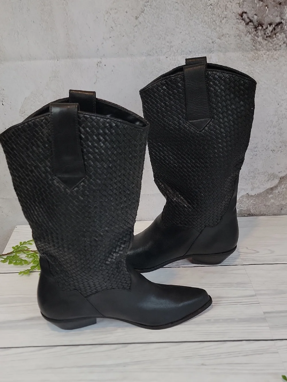 Unbranded Sample Black Woven Leather Mid-Calf Cowboy Boots - Women's Size 7